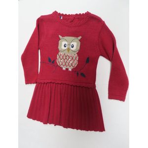 Jurk - Kleed - Meisje - Gebreid - Rood - Uil - Lange mouw - 12 maand 80