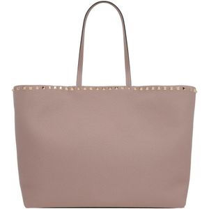 Valentino Garavani, Gehamerde leren tote tas met platina studs Roze, Dames, Maat:ONE Size