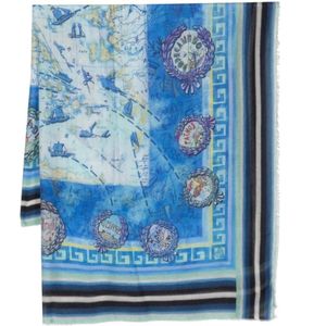 Faliero Sarti, Accessoires, Dames, Blauw, ONE Size, Blauwe Zijdeblend Sjaal met Kaartprint