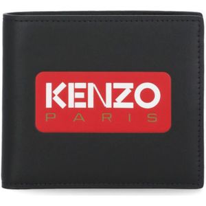 Kenzo, Zwarte leren portemonnee met contrasterend logo voor heren Zwart, Heren, Maat:ONE Size