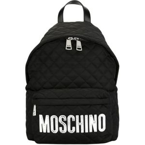 Moschino, Zwarte rugzak met dubbele ritssluiting en logo plaatje Zwart, Heren, Maat:ONE Size