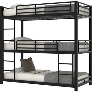 Merax Stapelbed voor 3 Personen - Metalen Driepersoonsbed - Hoogslaper Bed - Zwart