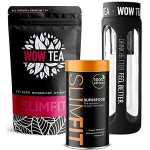 WOW TEA - Natuurlijk slank, gezond en fit lichaam | Pakket voor 1 maand - Gewichtsverliescombinatie | Kruidenafslankthee + maaltijdvervangend poeder & zwarte theefles | 300g, 550ml, Made in EU