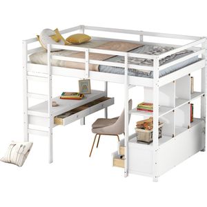 Merax Hoogslaper 140x200 - Kinderbed met Bureau en Opbergruimte - Bed voor Kinderen - Wit