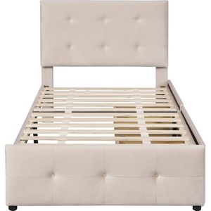 Merax Gestoffeerd Eenpersoonsbed met Lades 90 x 200 CM - Bed met Opbergruimte - Beige
