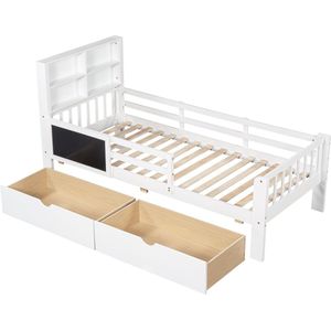 Merax Kinderbed 90*200 cm - Bed met Opbergruimte en Uitvalbeveiliging - Wit