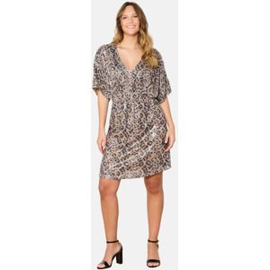 LOLALIZA - Korte Jurk - Beige - Polyester - Mini-jurk met Korte Mouwen en V-hals