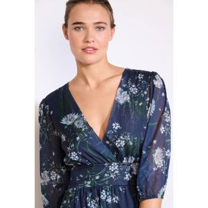 LOLALIZA - Midi Jurk - Donkerblauw - Korte Mouwen - Overslagkraag