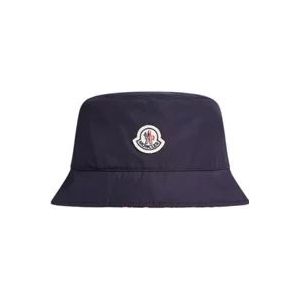 Moncler Omkeerbare Marineblauwe Nylon Bob met Multikleurige Logos , Blue , Heren , Maat: M