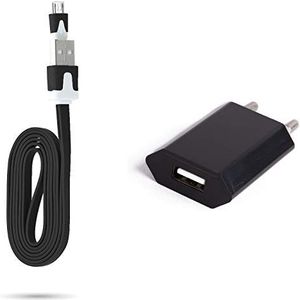 Noodle-kabel, 1 m, oplader en stekker voor Wiko Harry 2 smartphone, micro-USB, wandmontage, universeel pakket Android (zwart)