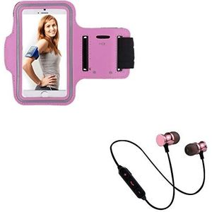 Sportpakket voor Samsung Galaxy J6+ Smartphone (Bluetooth hoofdtelefoon metaal + armband) Running T6 (roze)
