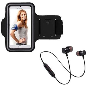 Sportset voor Wiko View 2 Plus Smartphone (Bluetooth hoofdtelefoon metaal + armband) Hardlopen T6 (zwart)