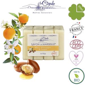Originele Bio Marseille zeep 4x100g met Glycerine | Argan olie Sinaasappelbloesem geur | La Cigale