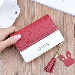 Women Female Checked Embossed Small Zipper Purse Coin Purse Patchwork Short Wallet Credit Card Holder Mini Money Bag Bus Card(red)