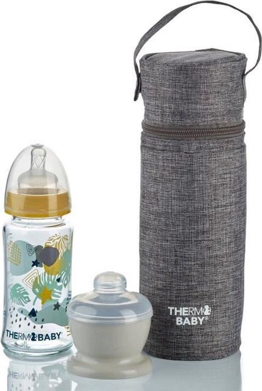 THERMOBABY Geïsoleerde flessenhouder – voor een melkdoseerdoos en een Thermobaby fles – gemakkelijk te vervoeren – grijs gemêleerd