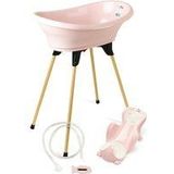 THERMOBABY - VASCO 5-in-1 babybadset – badkuip, houten voet, afvoerslang, badstoel, thermometer – poederroze – opvouwbaar en stabiel – gemaakt in Frankrijk