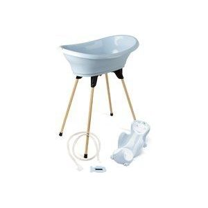THERMOBABY - VASCO 5-in-1 babybadset – badkuip, houten voet, afvoerslang, badstoel, thermometer – blauwe bloem – opvouwbaar en stabiel – gemaakt in Frankrijk