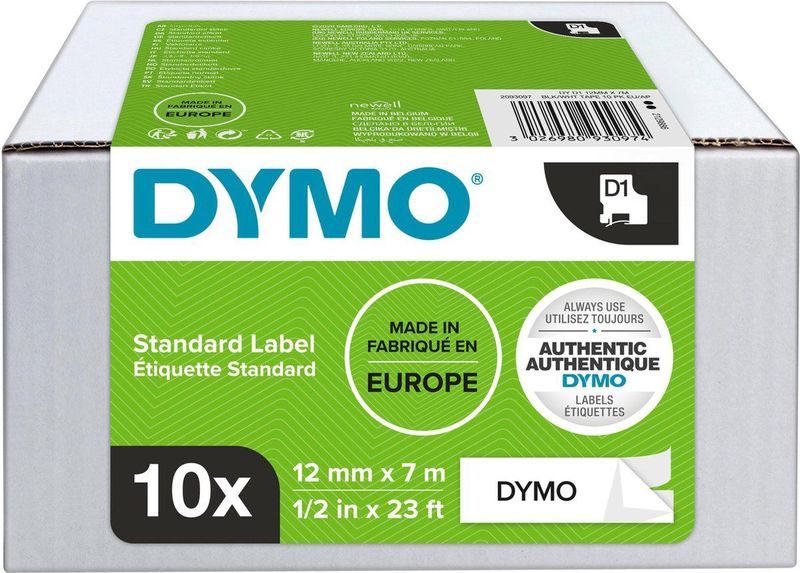DYMO originele D1 labels | zwart op wit | 12 mm x 7 m | zelfklevende labels voor LabelManager-labelprinters | 10 stuks