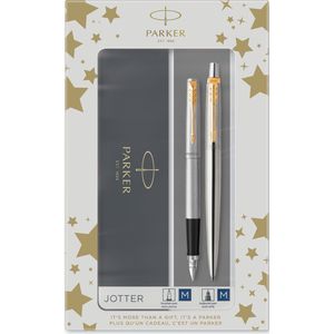 Parker Jotter stainless steel met balpen en vulpen goud (blauwe inkt)