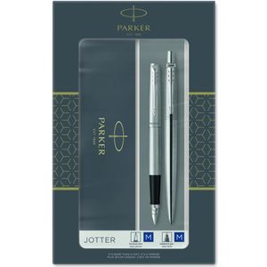 Parker Jotter Duo-Geschenkset mit Kugelschreiber und F�ller | Edelstahl mit Chromzierteilen | Nachf�llmine und -patronen mit blauer Tinte | Geschenkbox