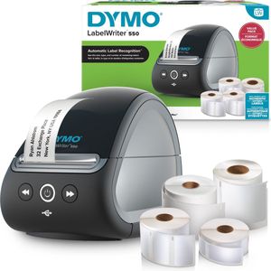 DYMO LabelWriter 550-labelprinter en labels | 2 x multifunctionele LW-labels (1320 in totaal), 1 x LW-labels voor naamkaartjes (300 per rol) en Duurzame LW-labels (160 per rol) | Labelmaker met tweepolige EU-stekker