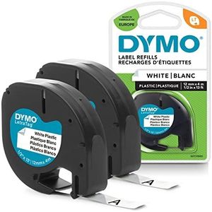 DYMO LetraTag plastic labels | Origineel | Rol van 12 mm x 4 m | Zwart afdrukken op witte labels | Zelfklevende multifunctionele labels voor LetraTag-labelmakers | 2 stuks