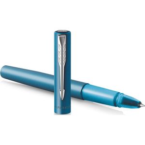 Parker Vector XL rollerbalpen, turquoise metallic lak op messing, fijne punt met zwarte inkt, geschenkdoos