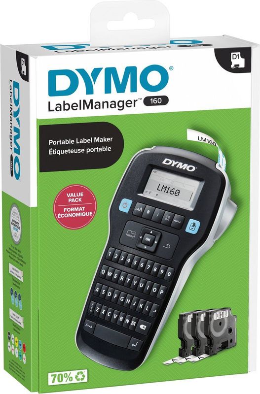 Dymo - LabelManager 160 - Etiketteringsapparaat - Zwart - Value Pack met 3 D1 tapes 12mm