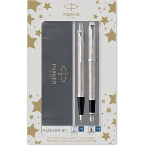 Parker IM Duo geschenkset met balpen en vulpen | roestvrij staal met chroom detail | blauwe inktvulling en -cartridge | cadeauverpakking