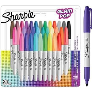 Sharpie Glam Pop Permanente marker, fijne punt voor gedurfde details, verschillende kleuren, 34 markeerstiften