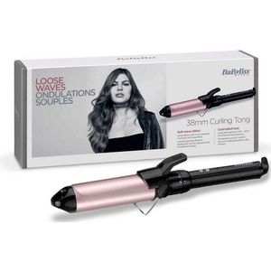 BaByliss 38mm Krultang - Satin Touch Cilinder, 10 Temperatuurinstellingen, Pro Styling Tool met Geïntegreerde Standaard, Zwart & Roze, C338E