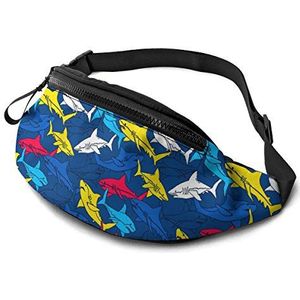 Sport heuptas kleurrijke haaien vis unisex bumbag lichtgewicht, elegante taille tas voor fietsen hond wandelen fitness 14 x 35 cm, Heuptas 527, 14x35cm
