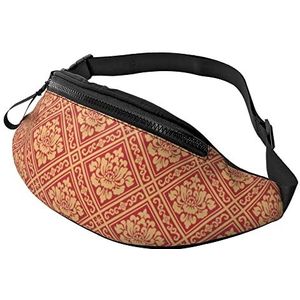 Taille Pouch Bag China Gold Plaid Bloem Print Unisex Borsttas Verstelbaar, met Hoofdtelefoon Gat Fanny Pack voor Fit Fietsen Geschenken 14X35Cm, Heuptas 1572, 14x35cm