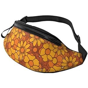 Bumbag Retro jaren 70 oranje bloem unisex heuptas met koptelefoongat, verstelbare heuptas voor joggen werk gym 14x35 cm, Heuptas 1702, 14x35cm