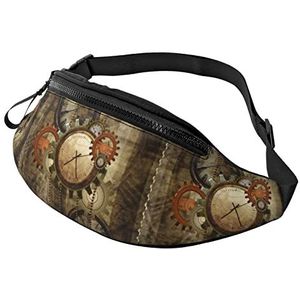 Borsttas retro steampunk klokken en versnellingen unisex heuptas met hoofdtelefoongat, opvouwbare riemtas voor training buitenshuis woon-werkverkeer 14 x 35 cm, Heuptas 2152, 14x35cm