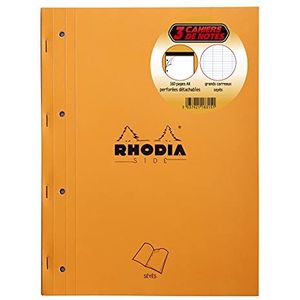 RHODIA 118315C – set van 3 notitieblokken aan de zijkant oranje – A4 – grote ruitjes Seyès – 80 afneembare vellen, perforatie, 4 gaten, wit Clairefontaine-papier, 80 g/m²