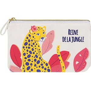 DRAEGER PARIS Etui van 100% katoen ""Koningin van de Jungle"", 21 x 12 cm, etui met luipaard, ritssluiting, opslag van accessoires, make-up, goud, 21 x 12 cm, bedrukte katoenen tas met ritssluiting,