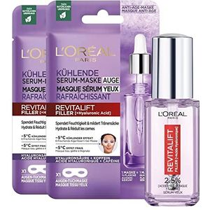 L'Oréal Paris - Rituel anti-rimpel oogverzorging - met hyaluronzuur en cafeïne - 1 x drievoudige bal roller applicator serum (20 ml) en 2 x stoffen maskers - Revitalift Filler