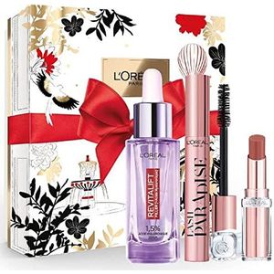 L'Oréal Paris - Luxe geschenkdoos - 3 verzorgingsproducten en make-up producten - Revitalift Filler Plumping Serum, Lash Paradise Black Mascara, Glow Paradise lippenbalsem - Limited Edition
