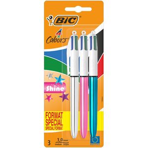 BIC 4 kleuren Shine intrekbare balpennen medium punt (1,0 mm) – metallic geassorteerde lichamen, blisterverpakking van 3 stuks