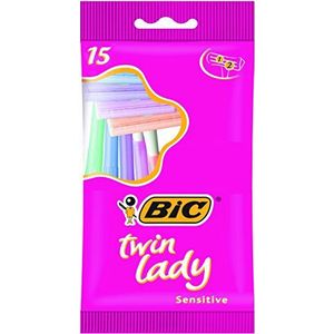 BIC Twin Lady Sensitive Scheerapparaat, wegwerpscheerapparaat met twee messen voor een gladde en nauwkeurige scheerbeurt, 15 stuks