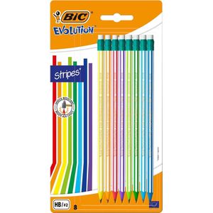 BIC Evolution Stripes met gum HB potloden met geïntegreerde gum, verschillende kleuren, blisterverpakking met 8 stuks