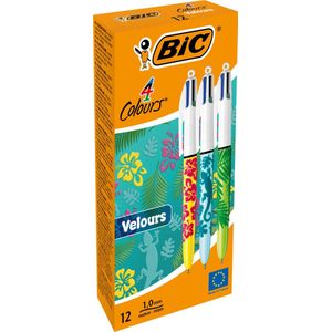 BIC 4 Kleuren Velours Uitschuifbare Balpen - Verschillende Jungle Decors - Doos van 12 Stuks