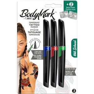 Bic BodyMark OLD SCHOOL Tijdelijke tattoo-markers, cosmetische kwaliteit voor gebruik op de huid, verpakking van 3 verschillende kleuren en 2 stencilvellen voor tijdloze ontwerpen, verpakking van 3 +