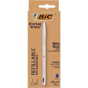 Balpen Bic Cristal Re-new blauw blister 1 pen + 2 vullingen