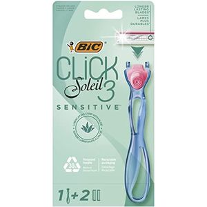 BIC Click 3 Soleil Sensitive Navulbaar Scheerapparaat voor dames, handvat van 30% gerecycled kunststof en navulverpakkingen, 3 messen, doos met 1 + 2 stuks