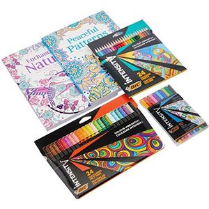 BIC Intensity Kleurset voor volwassenen, 24 kleurpotloden, 24 kleurstiften met viltstiften, 10 BIC pennen met fineliners, 2 kleurboeken, schoolbenodigdheden, 60 stuks