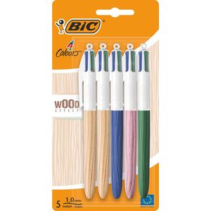 BIC 4 kleuren houteffect, pen met 4 kleuren, blauwe inkt, zwart, rood en groen, houteffect, medium punt (1 mm), 5 stuks