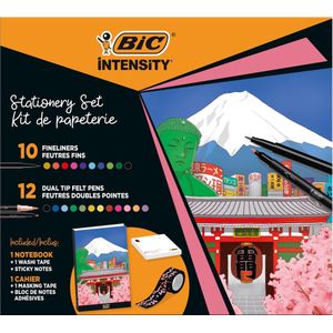BIC Intensity Japan Briefpapier Kit met Fineliners, Dual-Tip Vilt Pennen, Washi Tape, Sticky Notes, Notebook - Diverse kleuren, Set van 25 stuks
