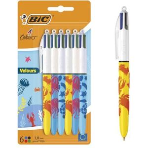 BIC 4 kleuren velours balpennen medium punten (1,00 mm) Sea Life Thema - 3 verschillende ontwerpen, pak van 6
